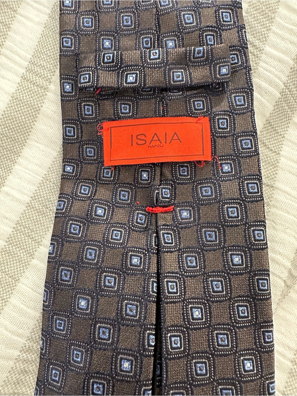 Isaia 7 Ford Slik Brown Geometric Tie with Blue Accents Made in Italy